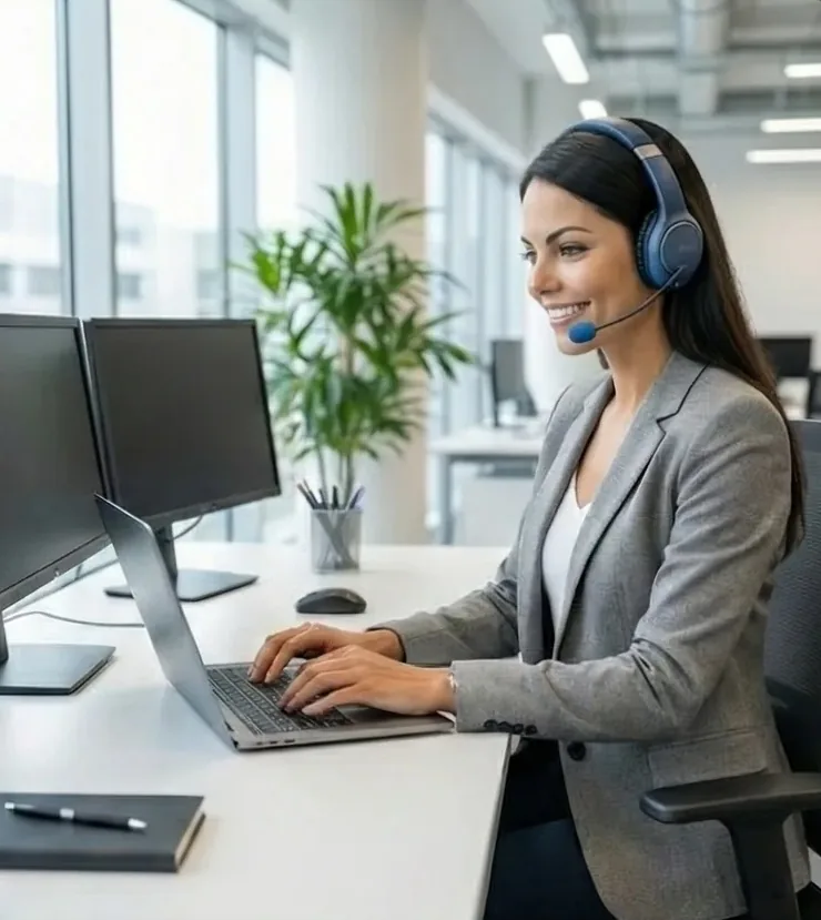 KI-Telefonassistentin im Büro einer Steuerkanzlei bearbeitet Mandantenanfragen