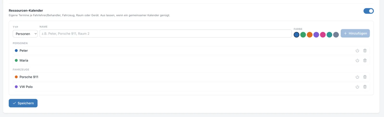 Ressourcen-Verwaltung im Portal: Personen (Peter, Maria) und Fahrzeuge (Porsche 911, VW Polo) mit eigener Farbe anlegen